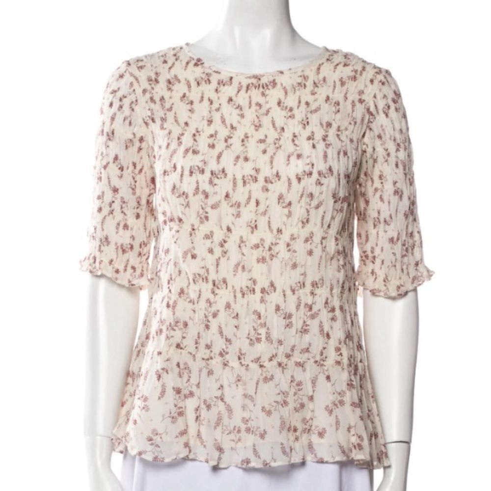 FRAME Floral-Print Smocked Short-Sleeve Top sz L